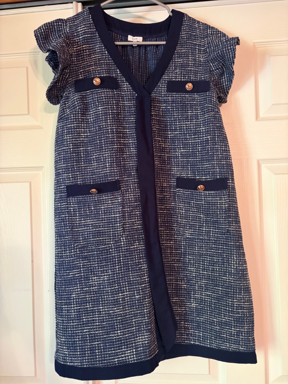 Navy Tweed Shift Dress with Gold Buttons